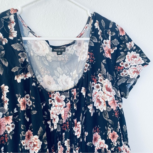 Torrid Floral Boho Pleated Rounded Collar Stretch Waist A-Line Dress 1X - Picture 3 of 7